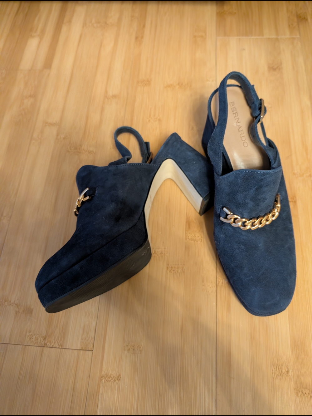Bernardo Navy Suede Slingback Heels with Gold Chain Accent